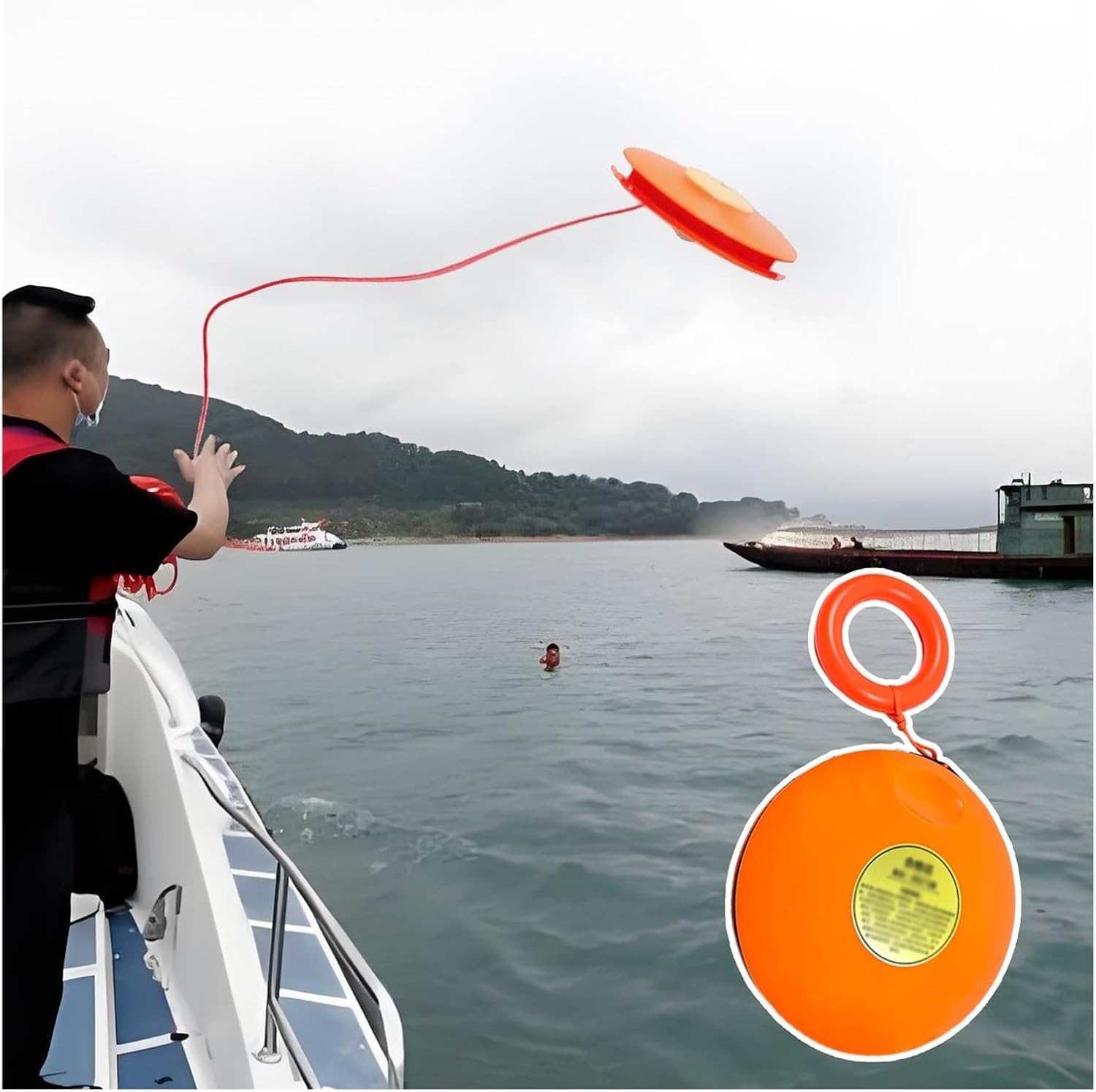 ABS Water Rescue Throw Ring Load 485LBS，Portable Man Overboard Rescue Disc 4in Ring Handle & 131ft Rope, Throwable Flotation Device 164ft Throw Range