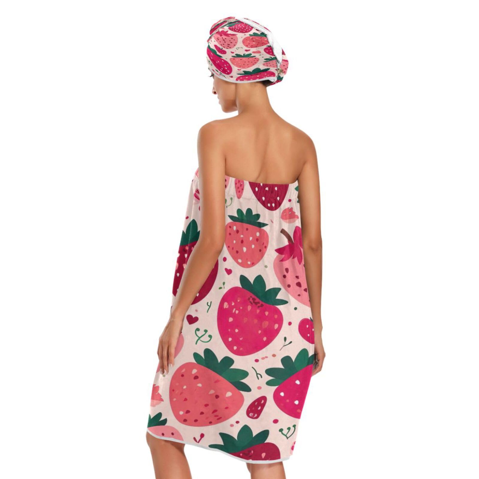 Kigai Cute Strawberry Towel Wrap for Women Set of 3, Adjustable Closure Bathrobe Soft Lightweight Spa Long Robes Bath Body Wrap with Dry Hair Cap & Headband