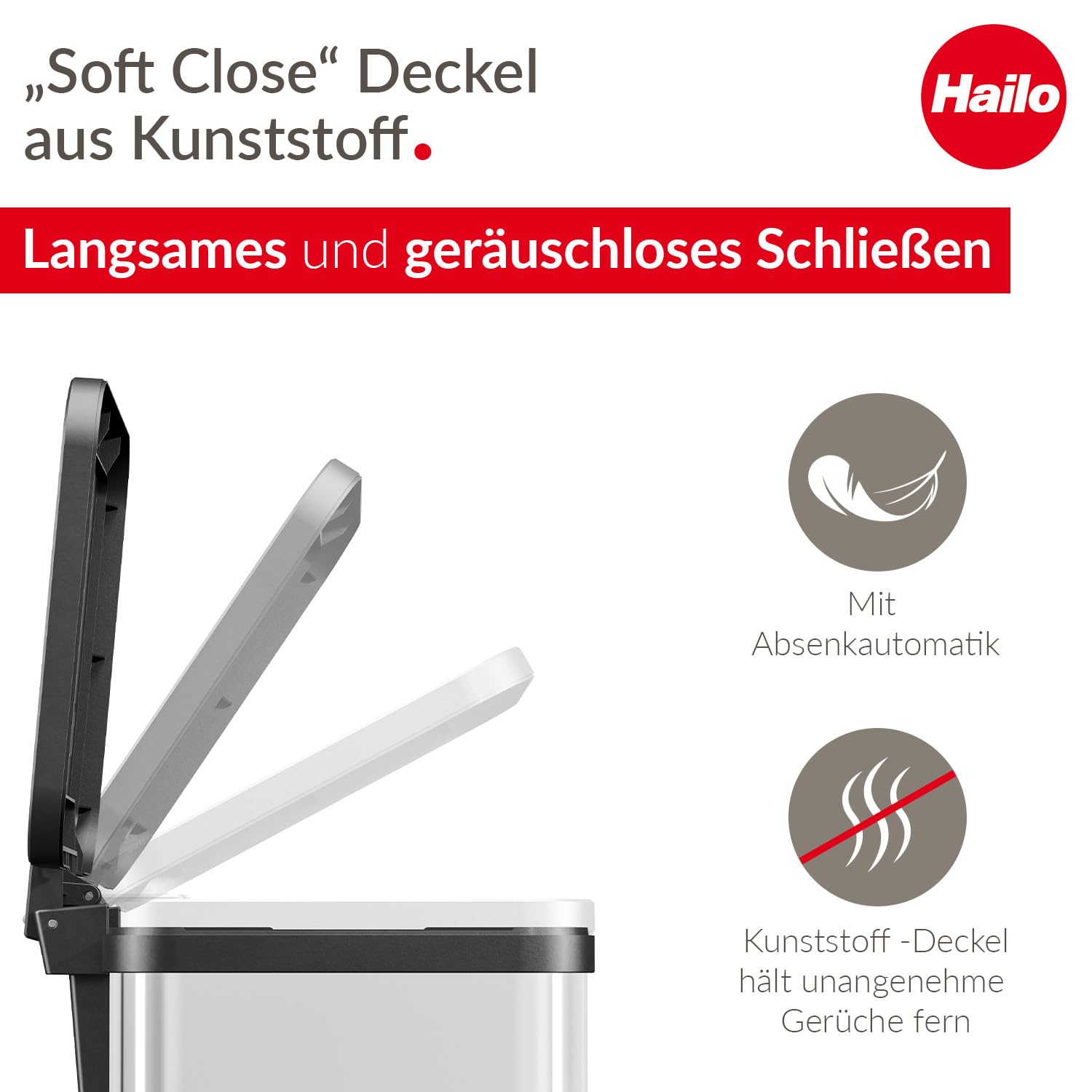 Hailo Öko uno Plus M Tret-Mülleimer - freistehender 17 Liter Abfallsammler aus Edelstahl für die Küche - Küchenabfalleimer mit soft close Deckel - Müllbehälter mit Fußpedal | Uno Plus M, Volumen 17 l, Edelstahl