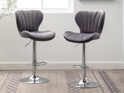 Miniatura 16 de SZLIZCCC Shell - Juego de 2 taburetes de bar giratorios ajustables con chasis negro, silla de bar de terciopelo con respaldo medio, taburete de