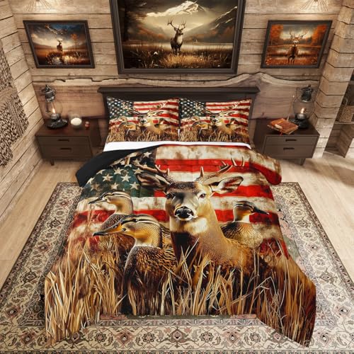 Amercian Flag King Bedding Set,Deer Hunting Comforter Set for Boys Teens Kids Rustic Duck Country Cabin Jungle Down Comforetr,Farmhosue Woodland Camouflage Wildlife Animal Bed Set,Red And Blue