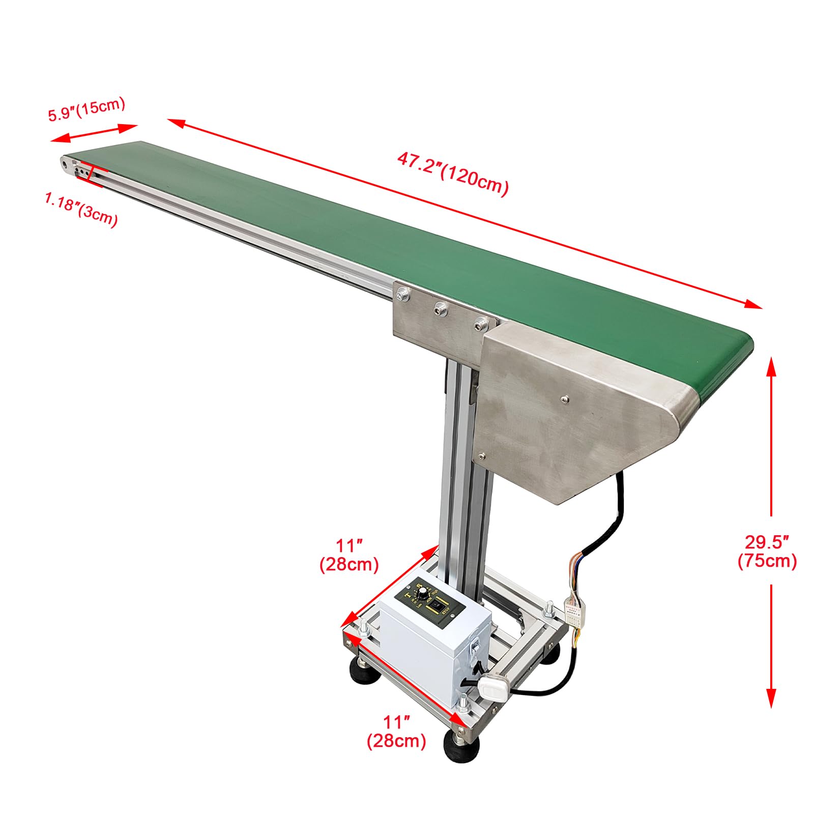 WYDDDARY PVC Single Row Leg Small Conveyor Aluminum Conveyor Machine 47inch Length 5.9inch Width Industrial Transport Conveyor Adjustable Speed Countertop Electric Conveyor Green 110V 120W