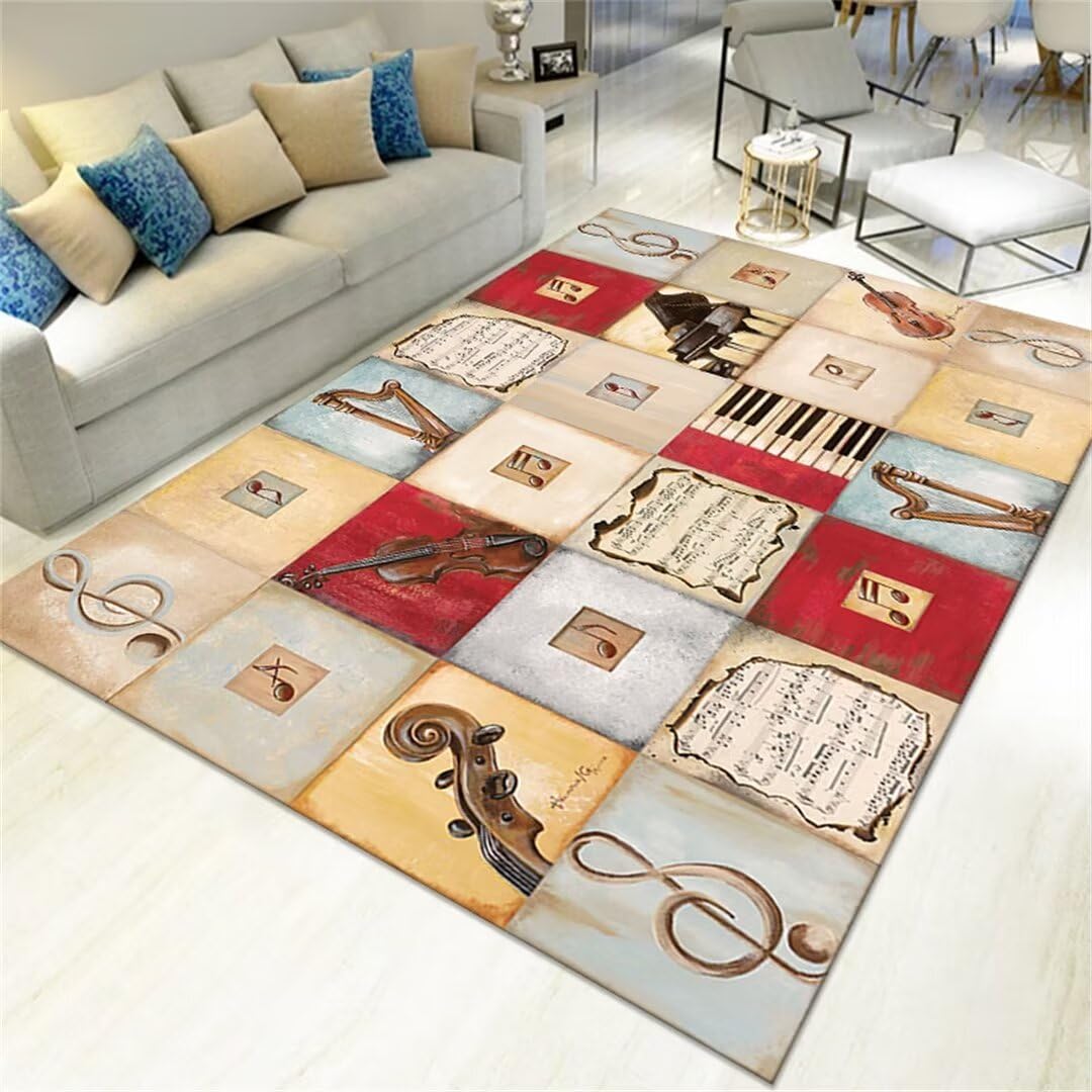 Tapis décoratif de salon et chambre rouge motif musique antidérapant