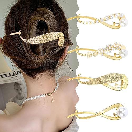 Vista 50 de Ahoney 4 pasadores de perlas para mujer, pinzas francesas 4.2 con perlas elegantes para cabello grueso (plata + dorado)