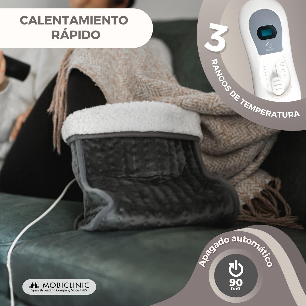 Mobiclinic, Calientapiés eléctrico, Muy bajo consumo, 100w, Apagado automático, Lana y vellón, Marca española, Forro interior fácilmente lavable, 3 niveles de temperatura, 30 x 24cm, Gris
