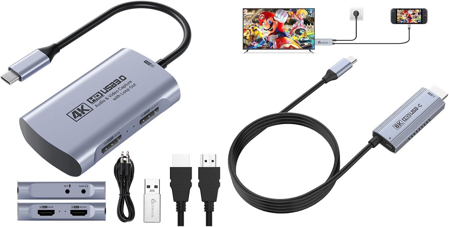 Guermok 4K60 Capture Card with 1080P240 Recording, USB-C/A & 3.5mm Audio, Plus 67in USB-C to HDMI Projection Cable 8K60 4K144 with PD100W for Switch 2/1, Pad, Monitor,PC,TVs