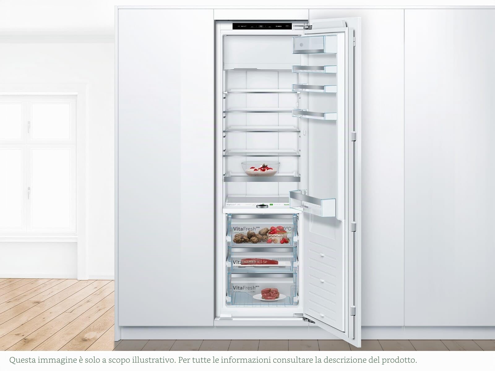 Bosch KIF82PFE0, serie 8, frigorifero da incasso con congelatore, nicchia 177,5 x 56 cm, raffreddamento da 254 l + congelatore da 15 l, prodotto in Germania, 3 volte più a lungo, ripiani in vetro di