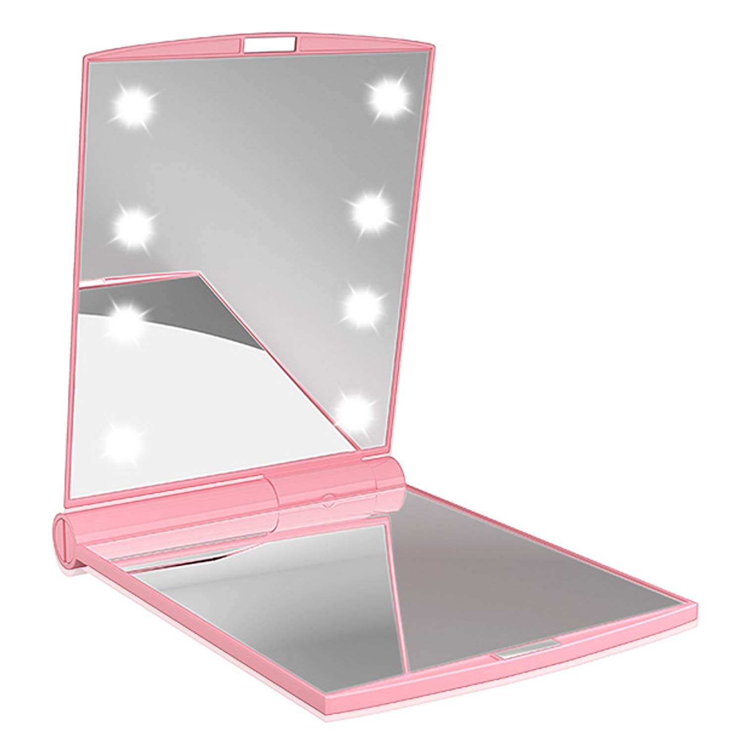 STEZ Essentials Portable Light Up Travel Mirror | Pink | Mini Makeup with 8 LED & Battery Included | Handheld Lighted Glow | Non Touch | Foldable | Bachelorette Gift