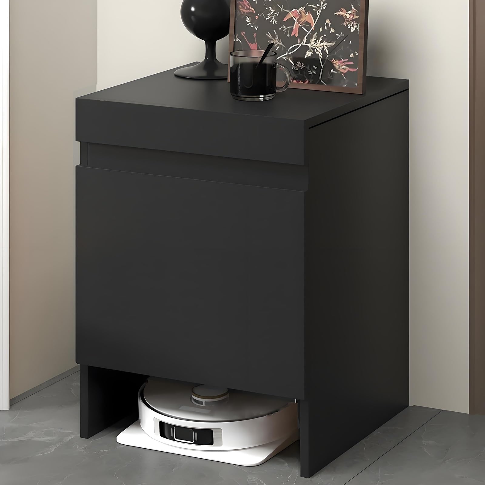 Versteckter Staubsauger-Schrank mit Türen, Platzsparender Holzschrank mit Ausziehbarer Oberseite zum Wasserwechsel, Für Wohnzimmer, Schlafzimmer, Küche(Black)