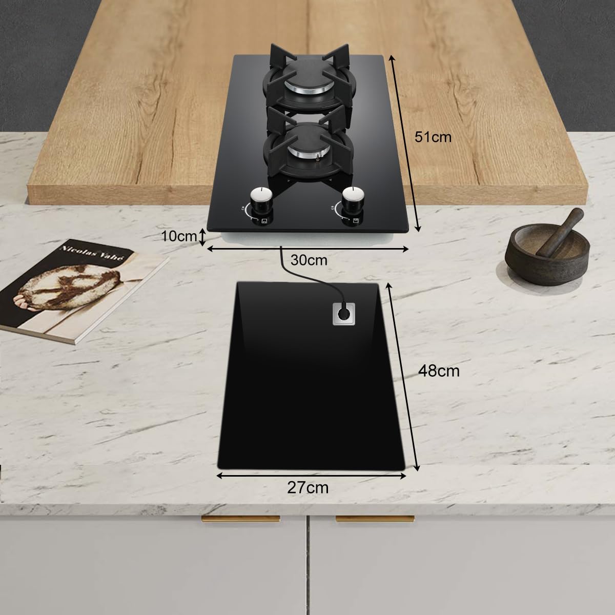 SNDOAS Piano Cottura 2 Fuochi Gas, 30 cm Piano Cottura Vetro con Protezione Automatica Della Fiamma, Gas Naturale e Gas Propano, Incorporato, Nero, 4200 W, 220-240 V