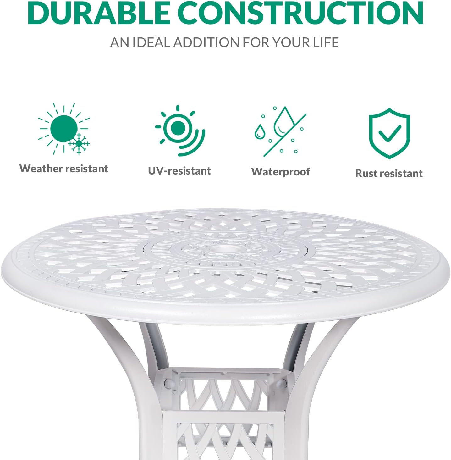 VIVIJASON 31" Patio Bistro Table Outdoor Dining Round Table White Cast Aluminum Table with Umbrella Hole