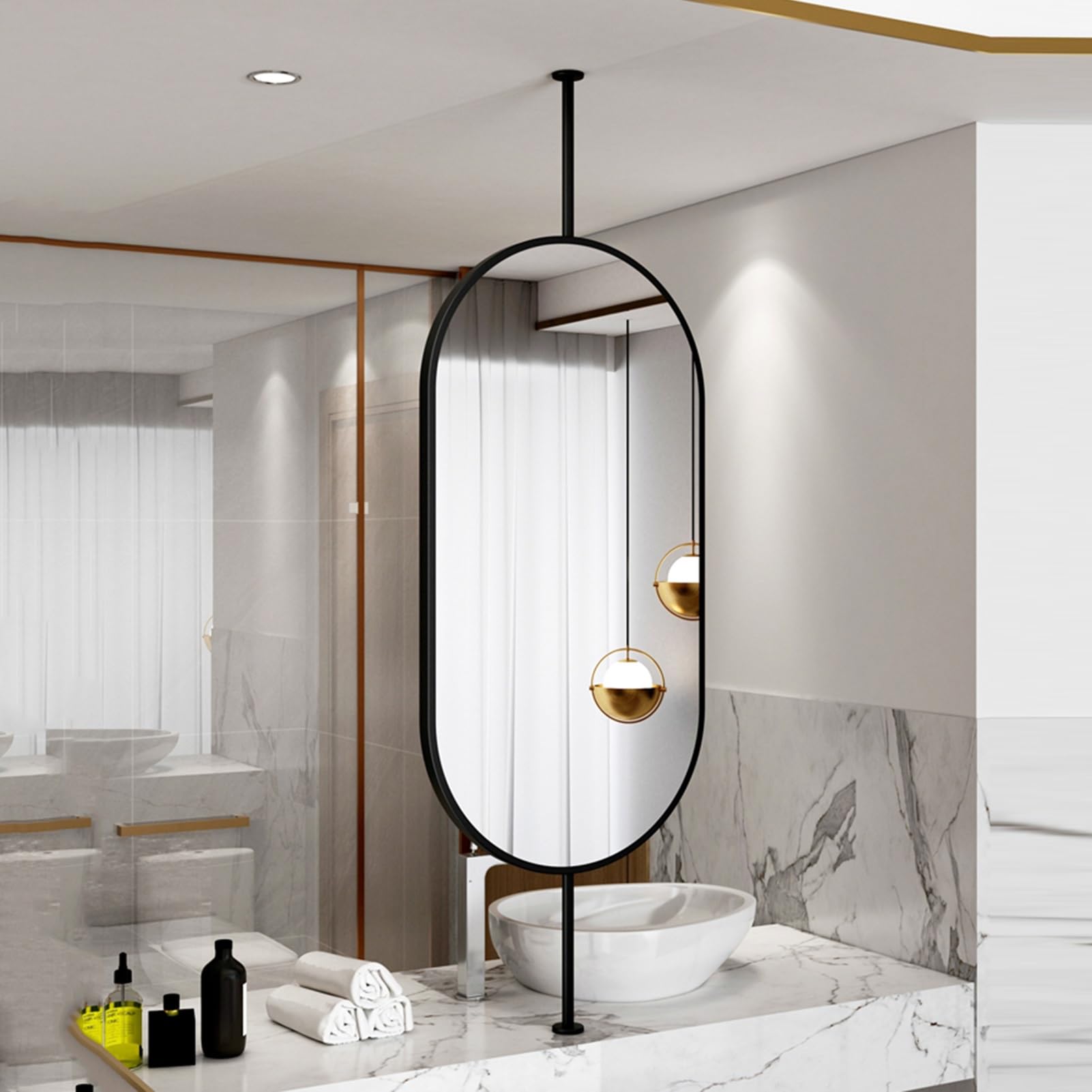 Specchio Ovale In Metallo Da Soffitto, Specchio Da Soffitto For Il Mobiletto Del Bagno, For La Rasatura, Con Asta Personalizzabile(Gold,60x100cm)