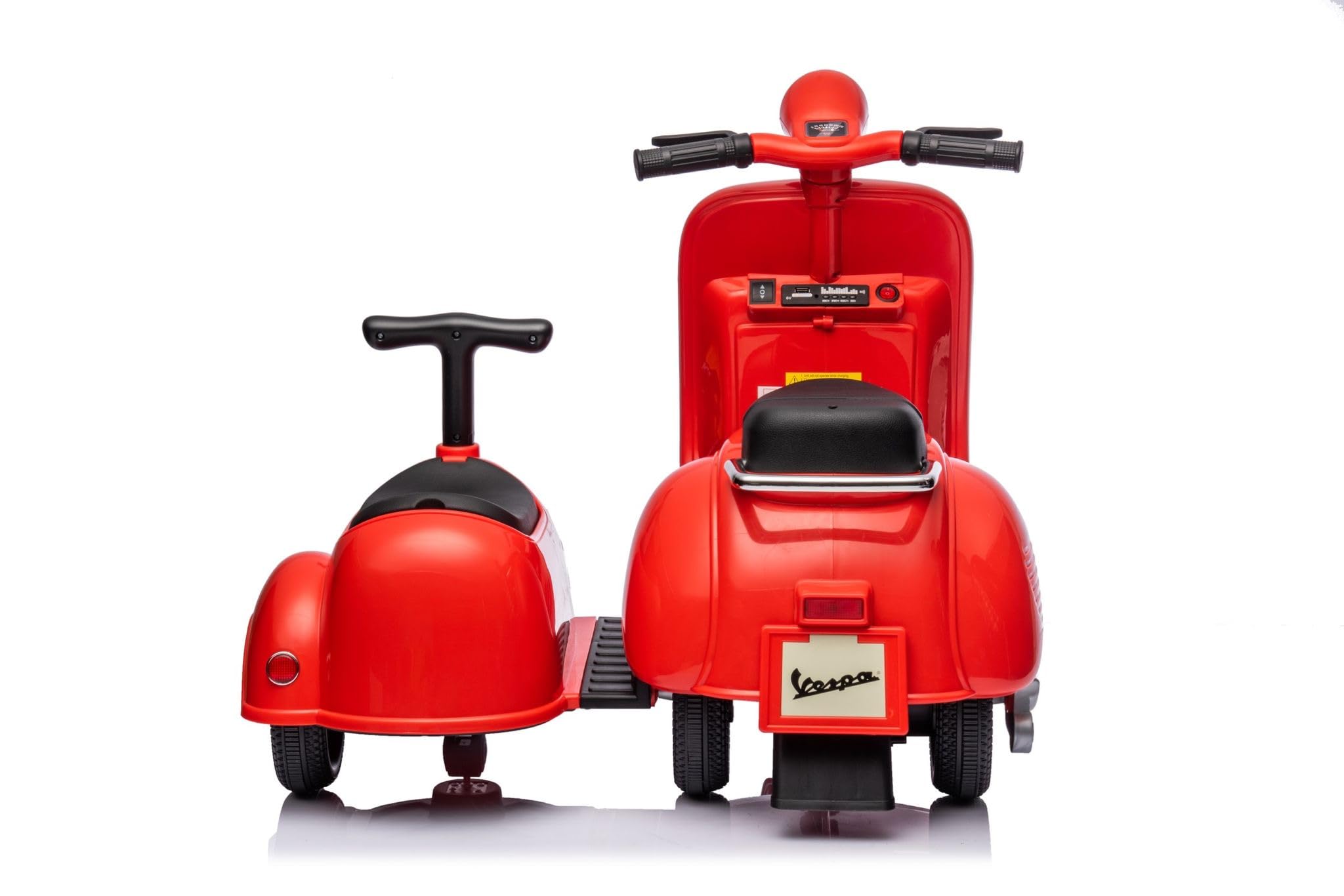 MR J toys&more Piaggio Vespa con Sidecar Small Elettrica 6V per Bambini con USB e luci mp3 Due posti Suoni e mp3 Elettrica (Rosso)