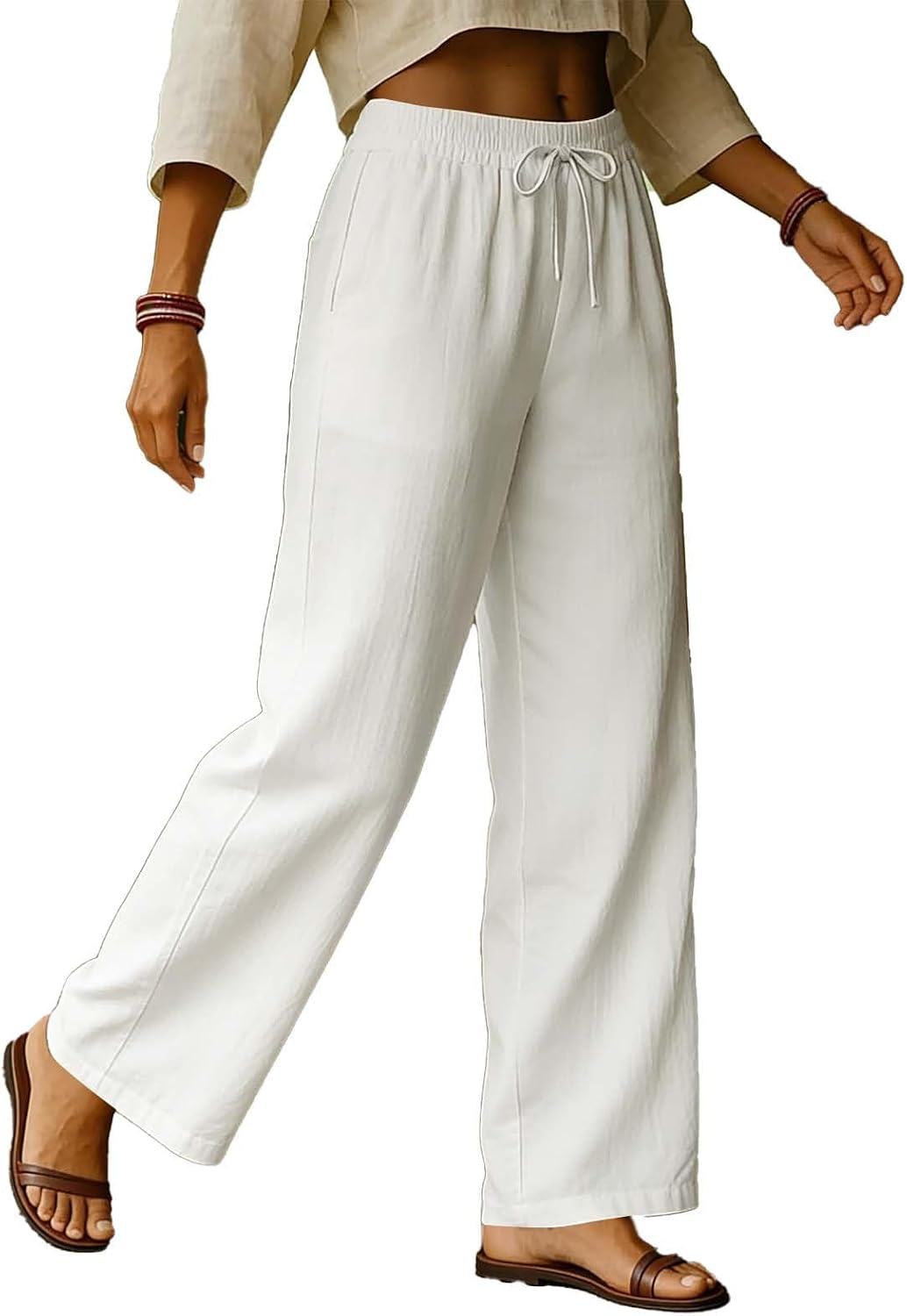 Wide Leg Pants for Women Flowy Palazzo Drawstring Elastic Waist Trousers with Pockets Summer Beach Vacation Outfits