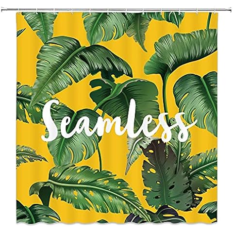 lovedomi Palm Leaf Shower Curtain Tropical Jungle Banana Leaf Yellow Background Quote Summer Watercolor Green Plant Decoration Shower Curtain Waterproof Polyester Fabric Shower Curtain 72x72 Inch Cover