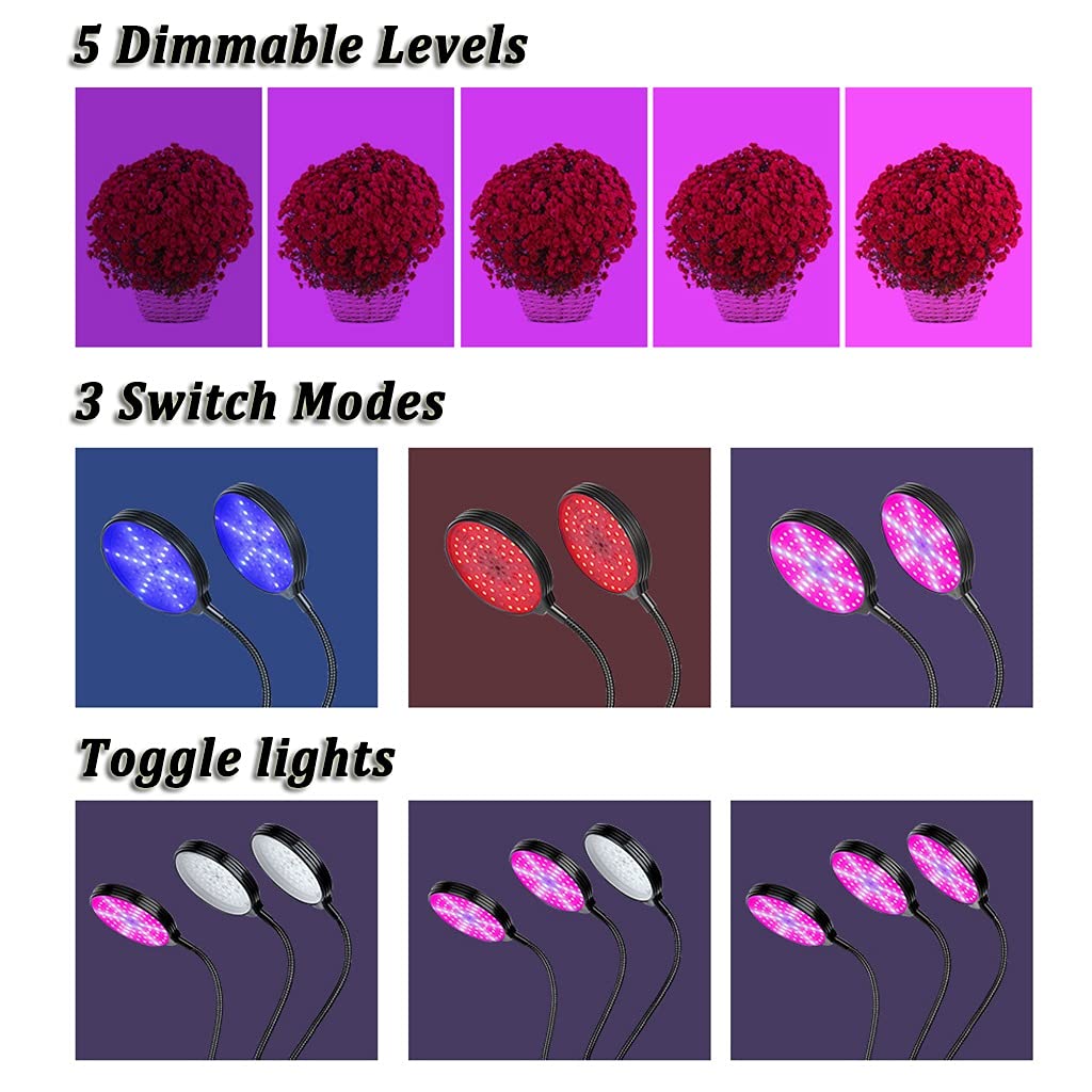 Luz de Crecimiento de Espectro Completo para Plantas de Interior, Luz de Planta LED con Espectro Rojo y Azul, 3 Modos de Cambio, 5 Brillo Regulable, para Jardín, Casa, Oficina, Semillas