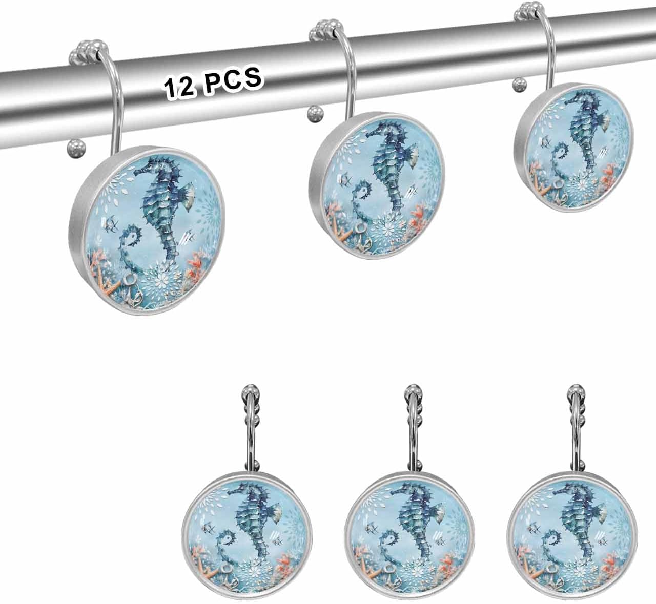Seahorse Shower Curtain Hooks 12 Pcs Coastal Marine Animals Coral Stainless Steel Rust Proof Rolling Shower Curtain Rings, Decorative Shower Curtain Hooks Hangers for Bathroom