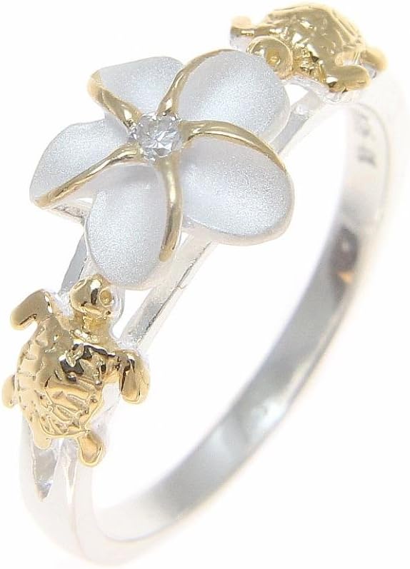 Arthur's Jewelry Sterling silver 925 Hawaiian plumeria flower cz turtle ring 2 tone yellow gold plated size 3 to 13