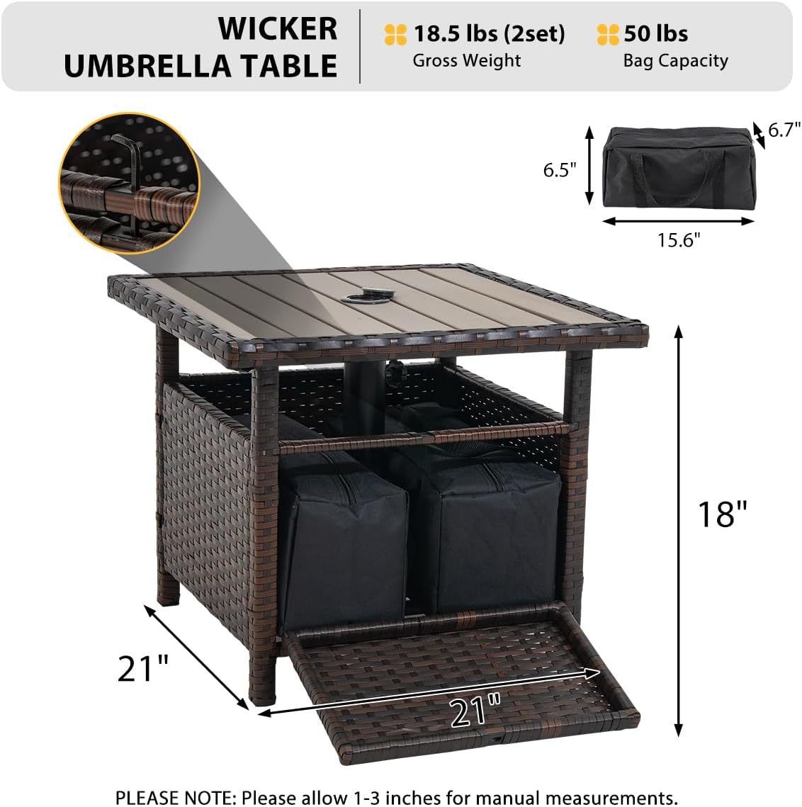 Sundale Outdoor Umbrella Stand with 2 Weight Bags, Patio 22 in Wicker Side Table with Umbrella Hole, All Weather Small Rattan Umbrella Base for Deck Yard Poolside Porch, Brown