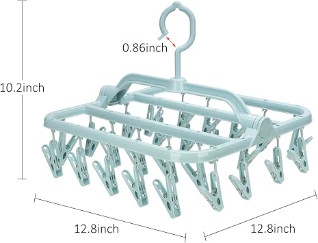 Foldable Clip Hangers with 26 Drying Clips, Underwear Hanger with Clips, Plastic Laundry Clip and Drip Drying Hanger for Socks, Bras, Lingerie, Clothes, Sturdy, Blue