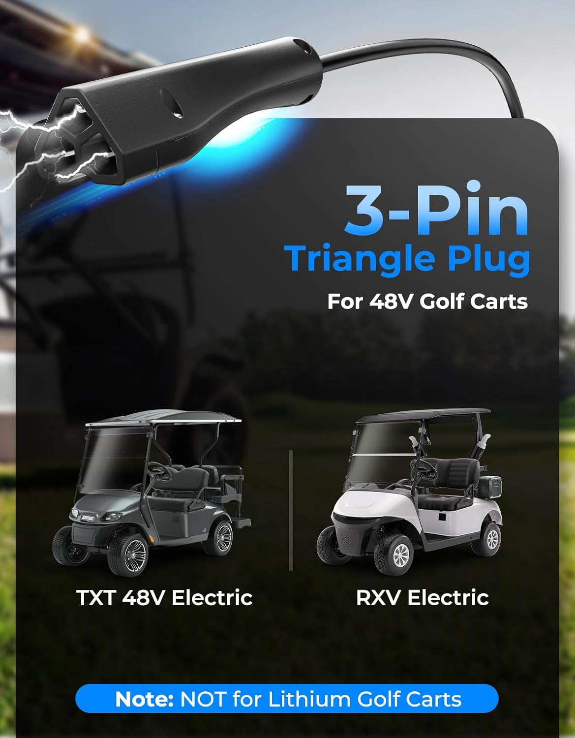 KEMIMOTO 48V Golf Cart Charger for EZGO RXV/TXT, 15A Golf Cart Battery Charger, Overcharge Protection, Full in 4-6H, Trickle Charge, 16 ft, 3-Pin Triangle Plug, for Lead Acid Battery