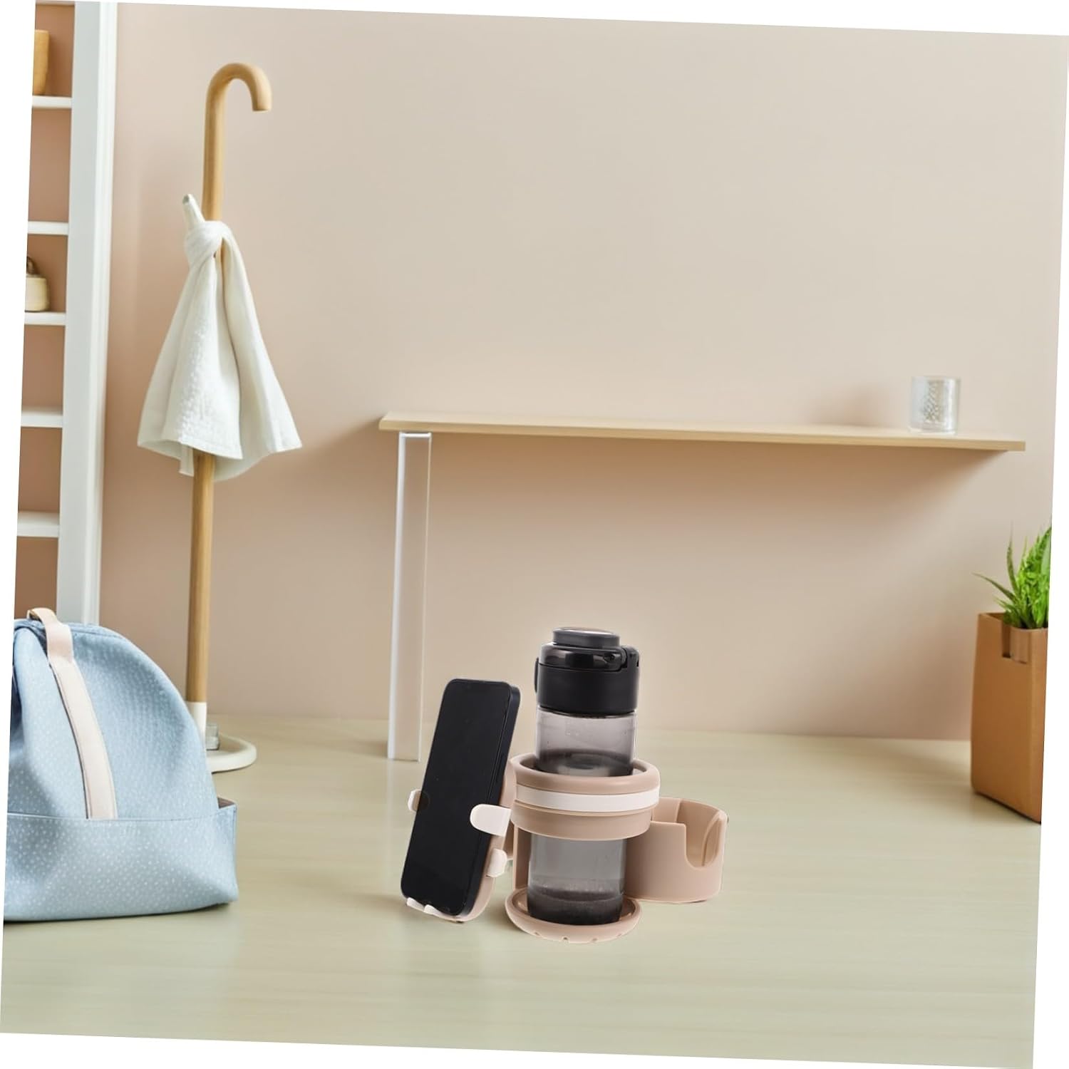 Stroller Cup and Phone Holder Attachment for Parents, Khaki Pram Drink Bottle Organizer with Removable Mount, Compatible with Milk Bottles and Water Cups for Travel Gear
