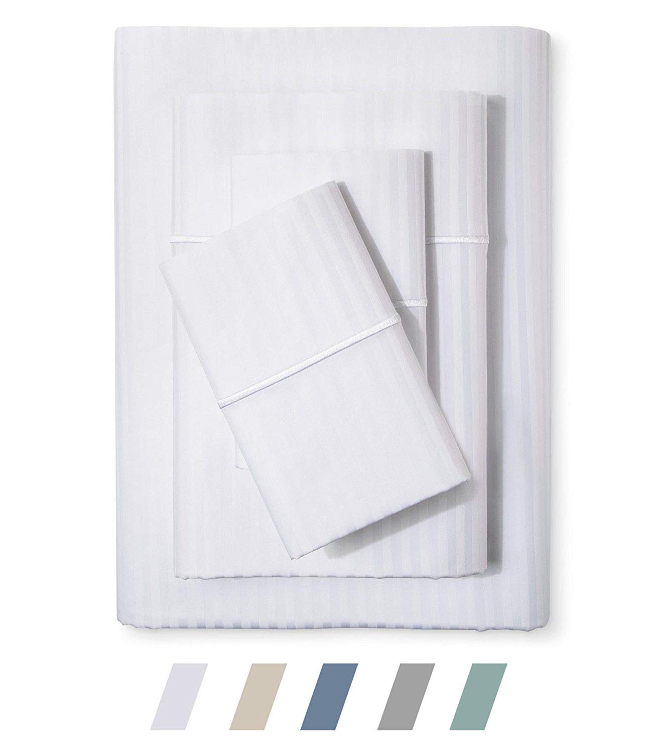 Feather & Stitch 500 TC Full Size Damask Bed Sheet Set, 100% Cotton Soft Breathable Bedsheets, 4 Piece 18" Deep Pockets Sateen Weave Striped Bedding Mattress Resort Hotel Luxury- (Stripe White, Full)