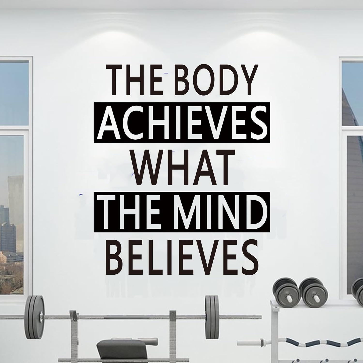 SEATUNE Inspirational Wall Stickers for Gym: Quotes Motivational Sports Wall Decals - Office Bedroom Classroom Home Garage Vinyl Art Wall Decor - The Body Achieves What The Mind Believes 25"X30"