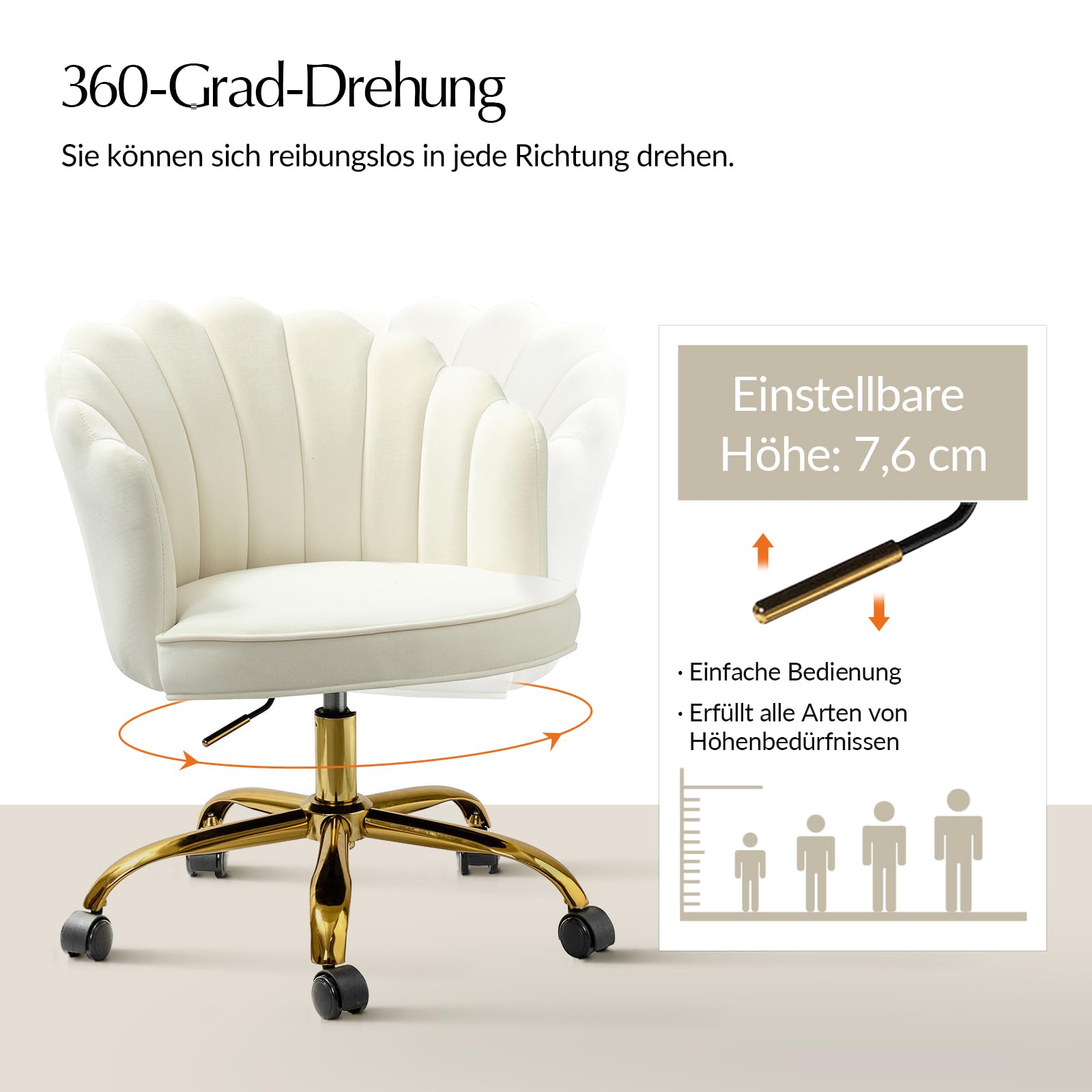 HULALA HOME Bürostuhl mit goldenem Gestell, moderner und gepolsterter Schreibtischstuhl, Schminktischstuhl aus Samt, Verstellbarer Drehstuhl, Weiß