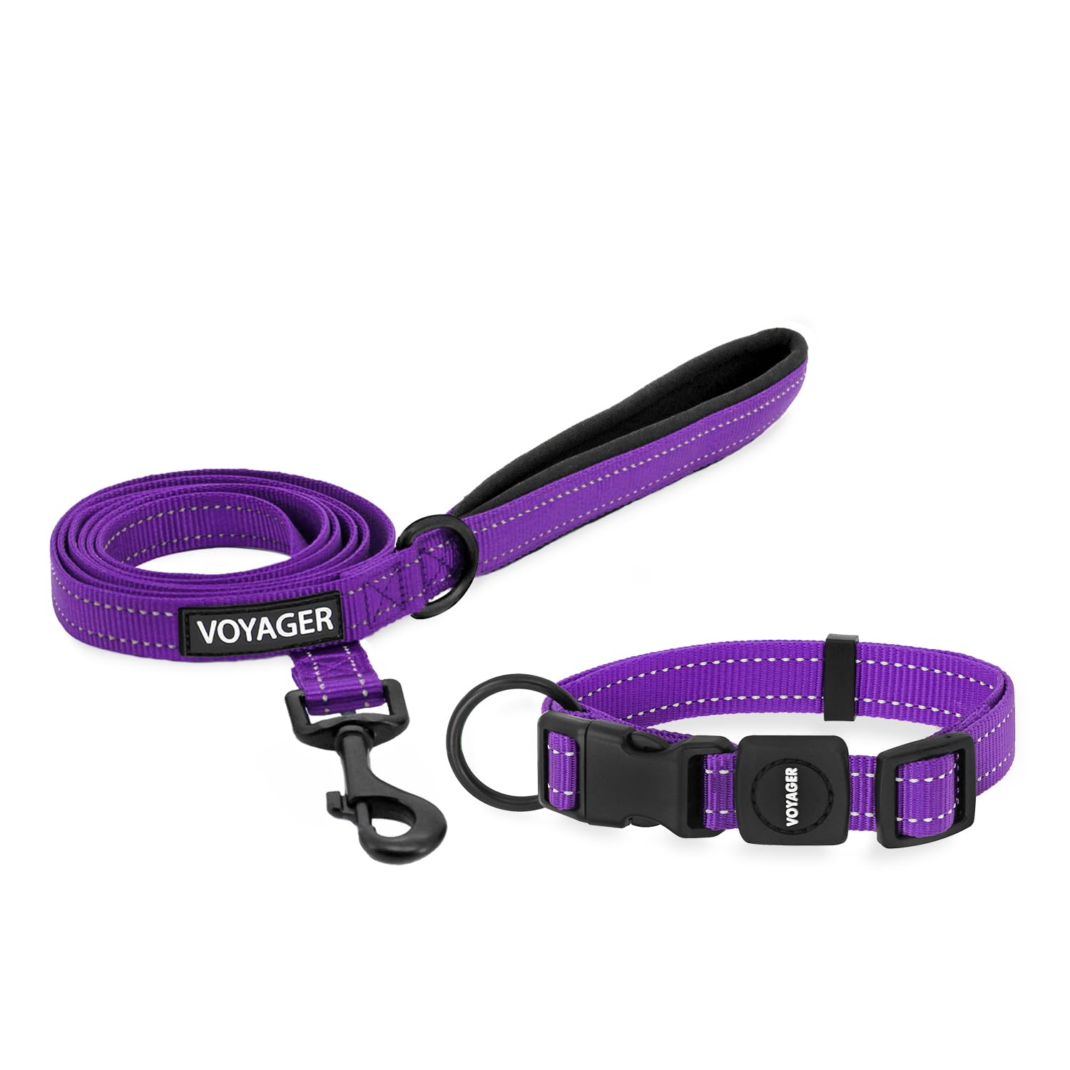 Voyager Adjustable Nylon Dog Collar & Dog Leash Bundle, Soft Padded Handle & Neck with Reflective Stiching for Puppies Small