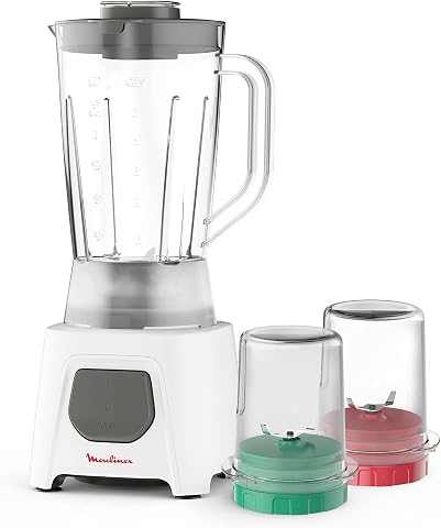 Moulinex LM2B3126 Blendeo, Blender, 450 Watts, 1.5 Liters, 1 Speed and Pulse, Grinder and Grater, Ice Crush, Zelkrom Blades, White