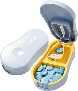 Pill Cutter Splitter for Small and Tiny Pills - Professional Pill Cutter for Small or Large Pills | Wrap-Around Blade Guard | Detachable Nonslip V-Shaped Pad | Easy Open | Back Storage, Cyan Blue