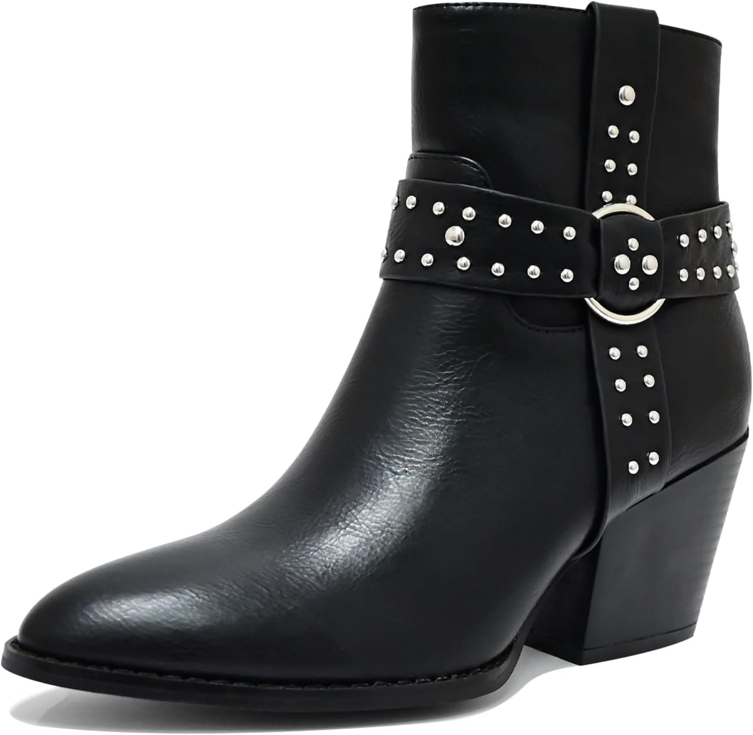 Chunky Stacked Heel Ankle Boots for Women Pointed Toe Chelsea Combat Boots Mid Calf Side Zipper Silver Studded Strap Heeled Booties Fall Dress Shoes