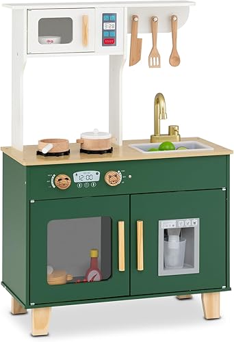 Miniatura 2 de HONEY JOY Play Kitchen, juego de cocina retro de juguete de madera con estufa, fregadero, grifo, microondas, máquina de hielo, utensilios de cocina,