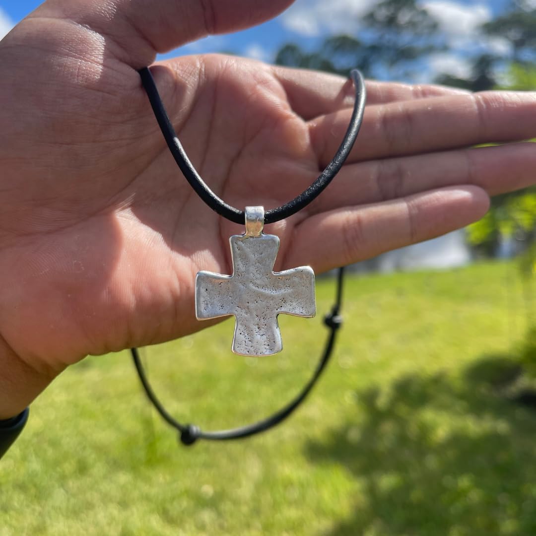 Rustic Silver Flat Cross Necklace - Gold Hammered Men Gift, Mens Gifts, Catholic Women Crosses, Religious Jewelry, Protection Charm, God Faith (Rustic Brown)