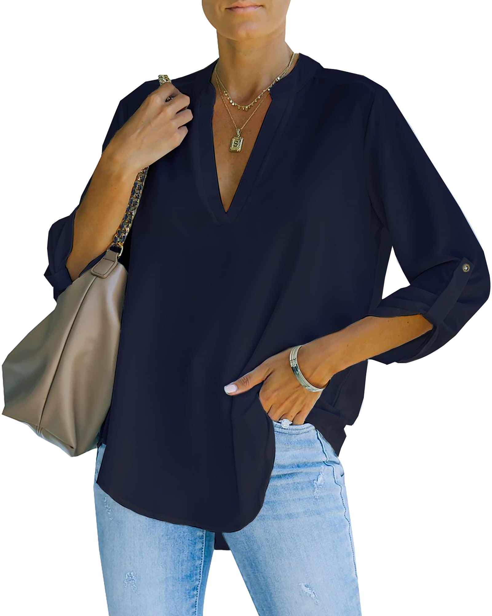 NONSAR Camicetta da donna Henley, elegante, con scollo a V, maniche arrotolabili, in stile casual