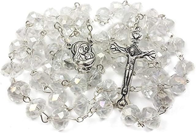 Catholic Rosary White Clear Crystal Beads Necklace with Holy Soil Medal and Metal Cross Communion Rosary Nazareth Store Velvet Gift Bag