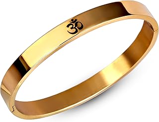 MEENAZ Men's Stainless Steel Bracelet | Aum Om Kada | Gold, 8 mm | Waterproof, Anti-tarnish, Rust-free, Skin friendly