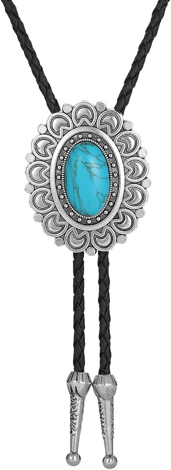Western Turquoise Bolo Tie for Men Women Oval Concho Leather Necktie Adjustable Cowboy Accessory