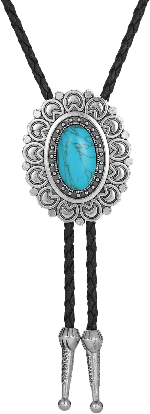 Western Turquoise Bolo Tie for Men Women Oval Concho Leather Necktie Adjustable Cowboy Accessory
