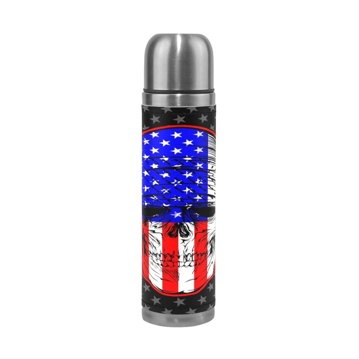 Thermosflasche, Vakuum-isoliert, Edelstahl, doppelwandig, auslaufsicher, Totenkopf-Motiv, USA-Stern-Flagge, personalisierbar, bedruckt, echtes Leder, 500 ml