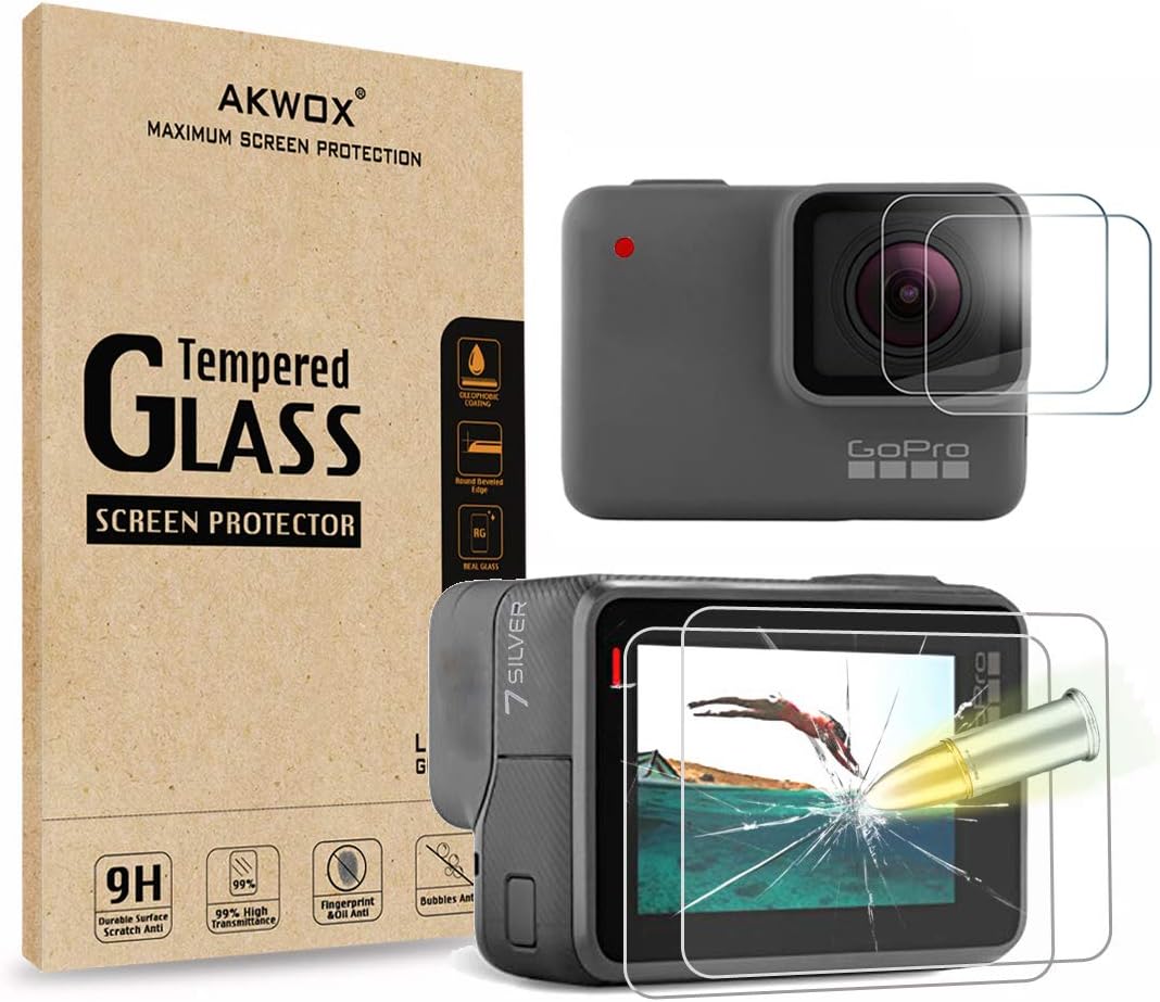 AKWOX Screen Protector for GoPro Hero 7 White/Silver, 4 Pack Upgraded Tempered Glass, 9H Hardness, HD Clarity, Scratch Resistant, 4 Pieces Screen Protector Film+Lens Film Accessories