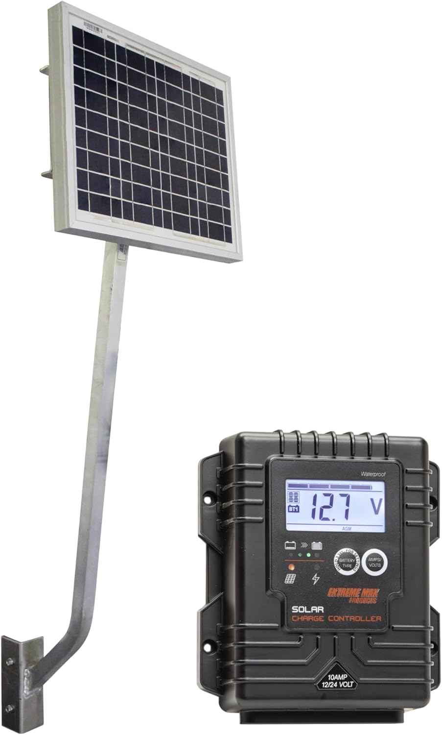 Extreme Max 3004.0669 12/24 Volt Solar Charging Station w/10W Solar Panel, Panel Arm, Digital Controller, and Wiring for Boats, Trolling Motors, Lifts, RV, Camping
