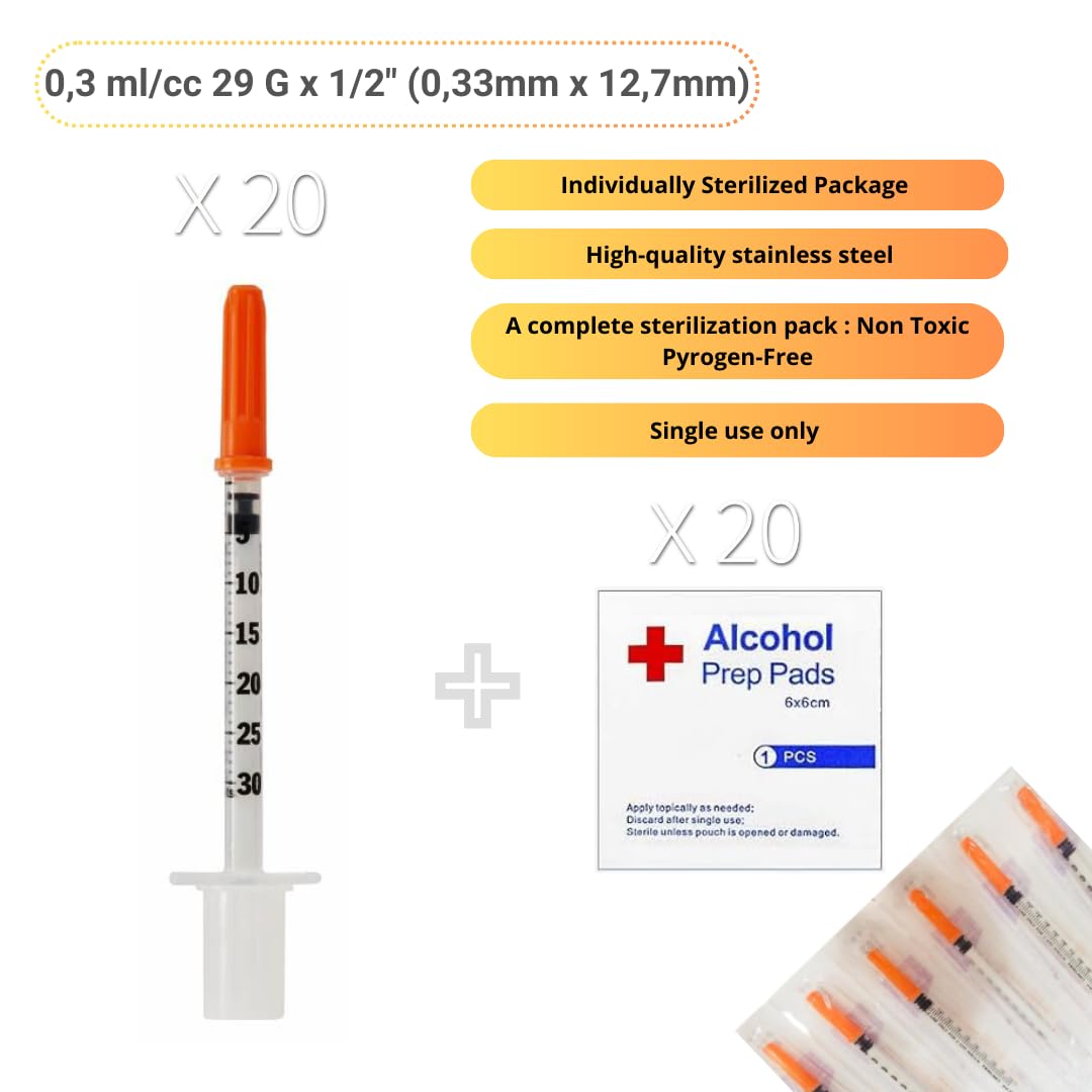 20 Stück 0.3ml/cc 29G 1/2" (12,7mm) Plastiktube + 20 Stück Free Desinfektionstupfer, Einzeln verpackt, Laborzubehör, Mehrzweck-Messwerkzeuge