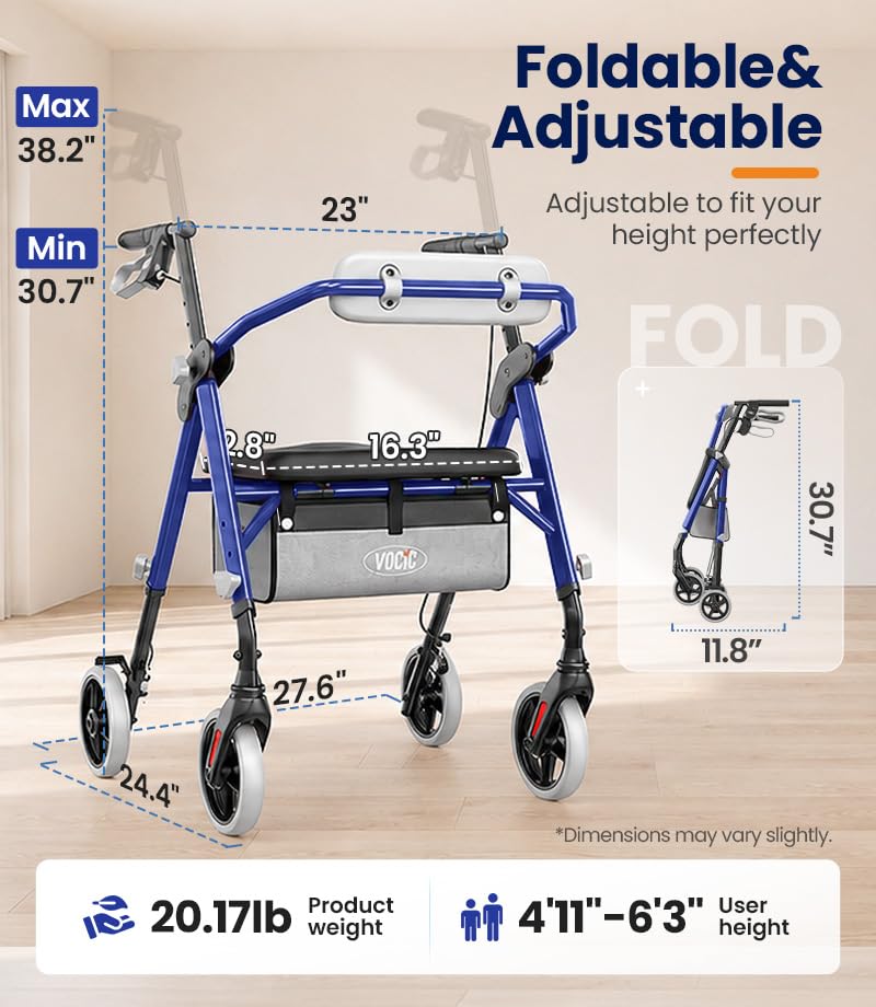 Image of VOCIC Z11 Rollator Walkers for Seniors with Seat, 500 LBS Load, Ultra Wide | High-capacity support, 23 inch wide frame, ergonomic seat, dual brakes, and slim fold for home, shopping & daily walks, Blue