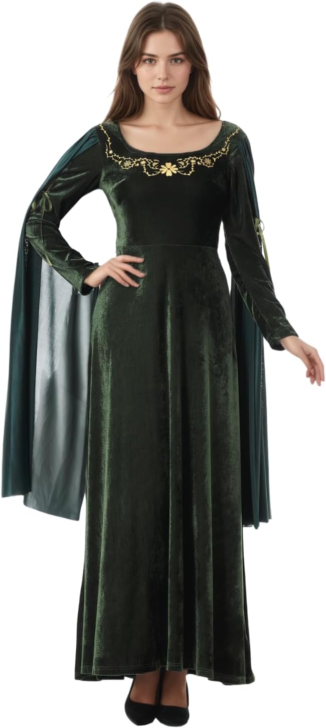 LMYOVE Renaissance Dresses Long Sleeve Medieval Dress for Women Ball Gown Costume Meduim Diamond Velvet Green