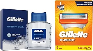 Gillette Men Fusion Shaving 5-Bladed Cartridges (Pack of 6) & AFTER SHAVE SPLASH REFRESHING BREEZE 100ML, White