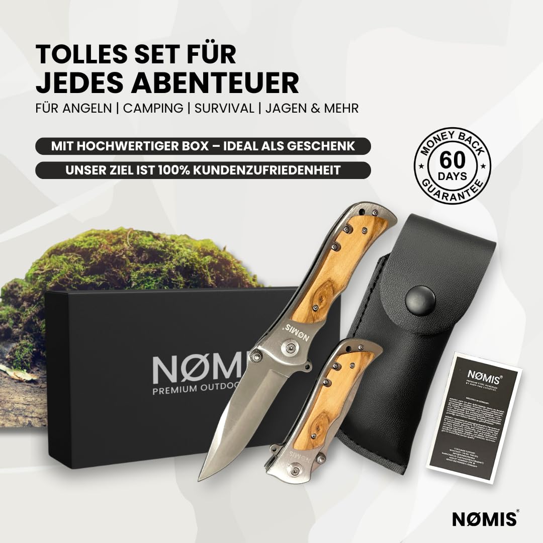 NØMIS Klappmesser | Outdoor Messer Survival | Taschenmesser Klappmesser mit Messerscheide | Edelstahl Jagdmesser Angelmesser | Schnitzmesser Bushcraft Messer | Einhandmesser