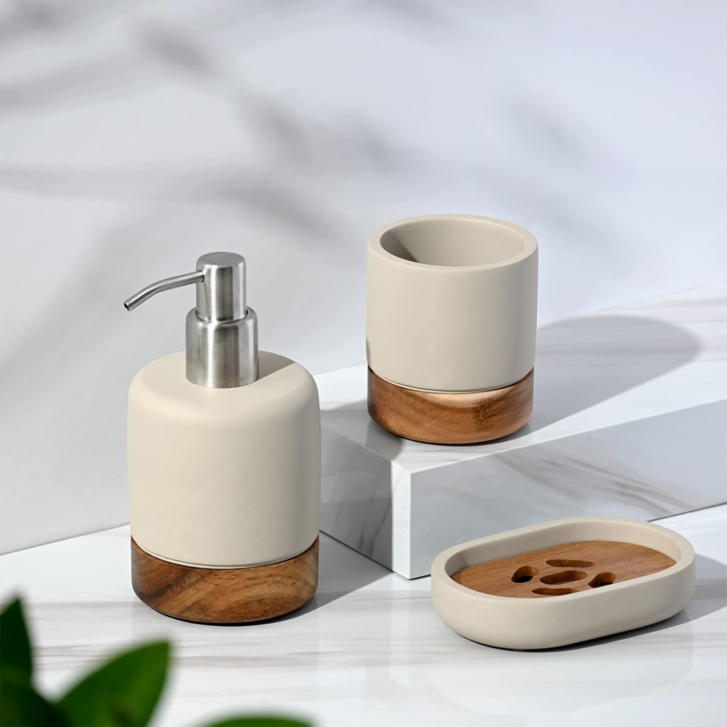 Bathroom Accessories Set 3 Piece Bath Ensemble Includes Soap Dispenser, Tumbler, Dish for Decorative Countertop & Housewarming Gift (Concrete with Acacia Wood) - Image 7