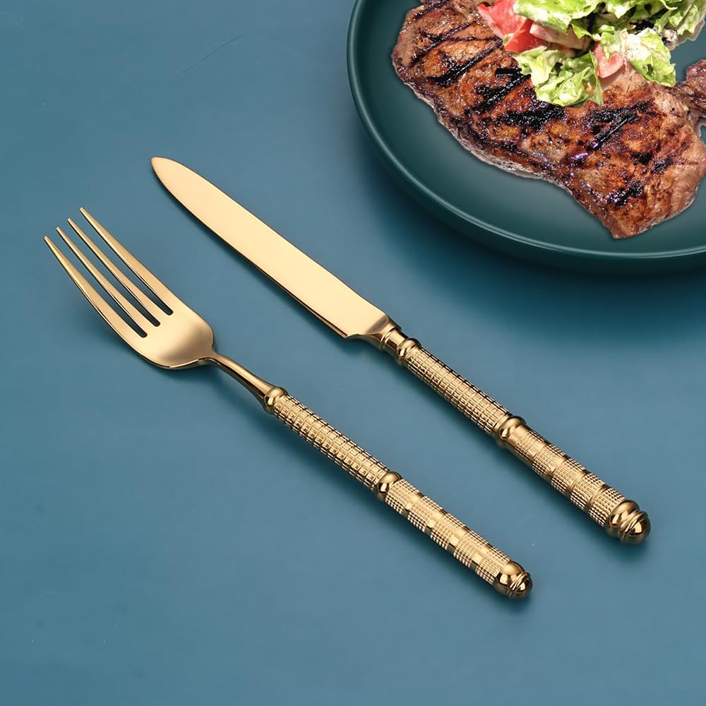 Gold 20 Pieces Silverware Set for 4 Luxury Beautifully Textured and Engraved Handles Flatware Set Elegant Tableware 18/10 Stainless Steel Cutlery Utensil Sets for Home Restaurant Dishwasher Safe